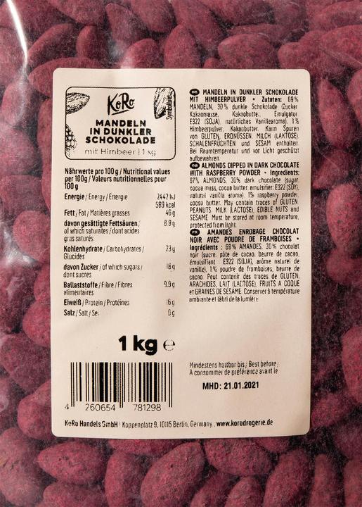 Nährwerte und Zutaten KoRo Mandelkerne in dunkler Schokolade mit gefriergetrocknetem Himbeerpulver (1000 g)