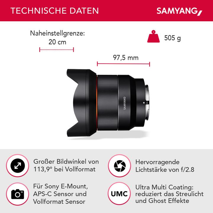 Produktbild Samyang AF 14mm F2.8, Sony E-Mount (Sony E, APS-C / DX, Vollformat)