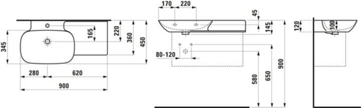 Actual product image Laufen INO washbasin, without tap hole, with overflow, ceramic shelf right, 900x450mm, H813302 (496 mm, 900 mm)