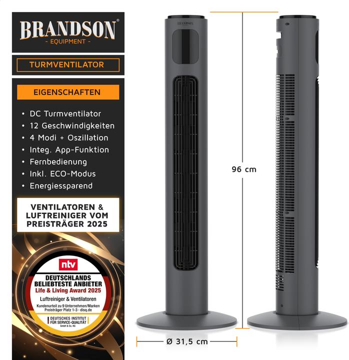 Image du produit Brandson Turmventilator WiFi, Eco DC-Motor 35W, App-Steuerung/Sprachbefehl, Timer, Oszillation, leiser Lüfter (52 dB)