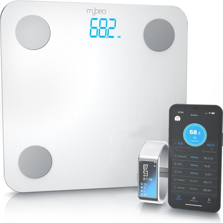 Mybeo Körper-Analyse-Waage, Diagnosewaage mit App-Steuerung, Digitale Bluetooth Körperfettwaage, 5-180 Kg (180 kg)