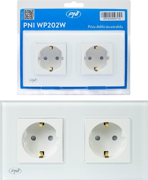 Produktbild PNI WP202W Einbau-Doppelsteckdose, mit Glasrahmen, 16A, 2X3000W, 230V, weiss