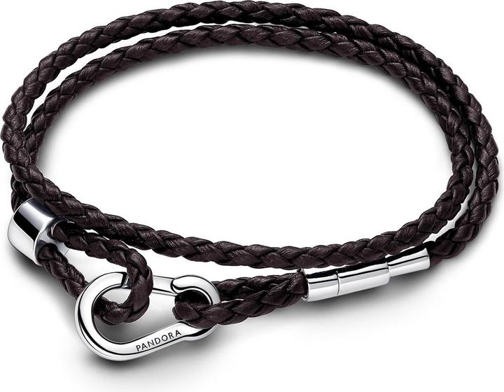 Pandora Moments - Bracciale doppio in pelle intrecciata marrone (38 cm, Argento 925, Cuoio)