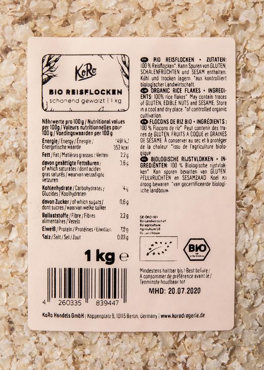 Valeurs nutritives et ingrédients KoRo Flocons de riz bio (1000 g)