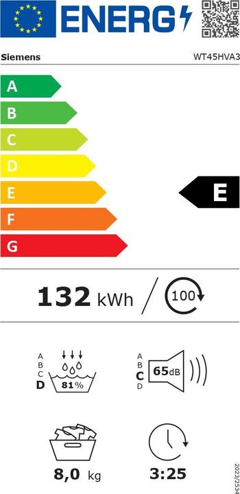 Energy Label Siemens WT45HVA3 (8 kg, Right, EU plug)