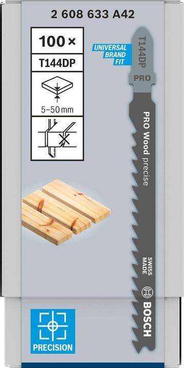 Actual product image Bosch Professional Zubehör PRO Wood precise T144DP Jigsaw blade, 100 mm, 100 pcs.