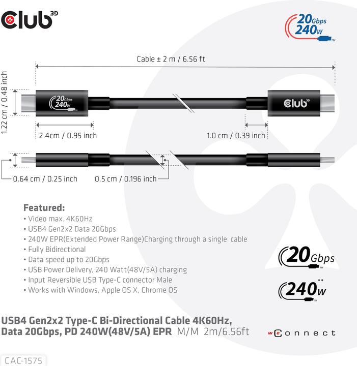 Produktbild Club 3D USB C – USB C (2 m, USB 4.0, 240 W)