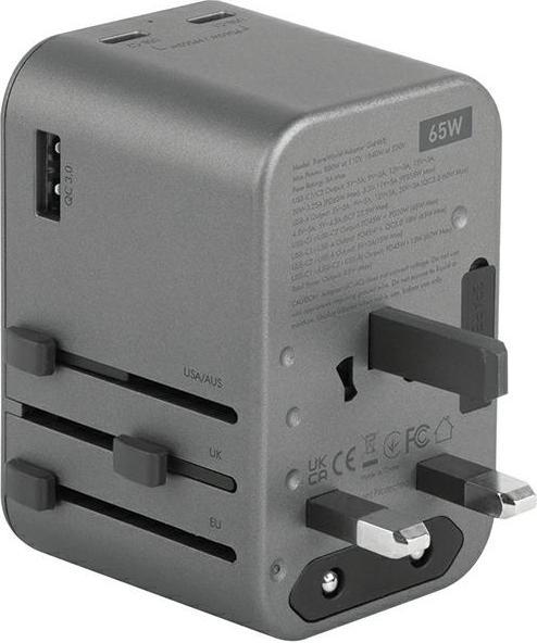 Actual product image Energea ład. siec. 1xUSB+2xUSB-C PD-PPS-QC 3.0 65W 1A2C adapter 4w1 US/UA/EU/UK szary/gunmetal Trave (65 W)