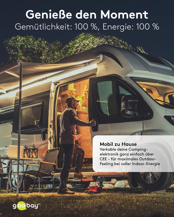 Produktbild Goobay CEE-Adapterleitung, CEE-Stecker auf 1x CEE-Kupplung und 2x Schutzkontakt-Kupplung, 1,5 m (CEE 7/7)