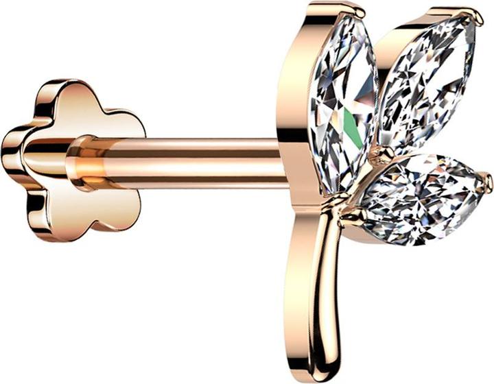 Star Piercing Micro Threadless Labret rosegold Blatt rosegold drei Ovale Kristall silber (ohne Messing, Titan G23)