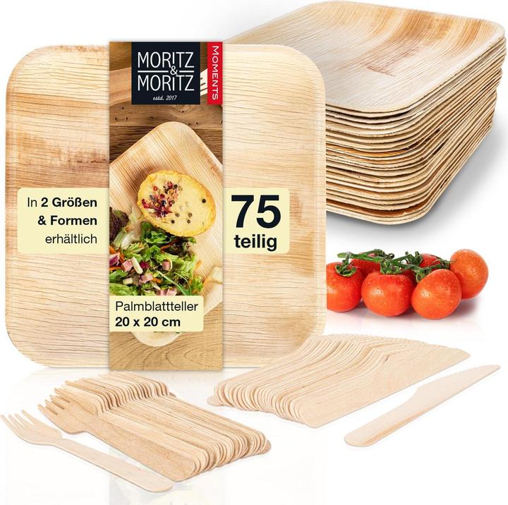 Produktbild Moritz & Moritz Palmblattgeschirr 2er Set 150 tlg Eckig 20cm mit Besteck (150 x)