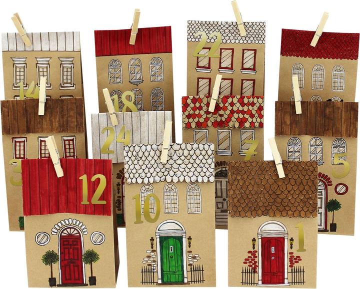 Produktbild Papierdrachen 24 bedruckte Adventskalender Tüten - Häuser zum Ausmalen