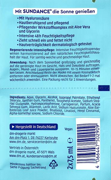 Valori nutrizionali e ingredienti dm Sundance After Sun (15 ml, Gel doposole)