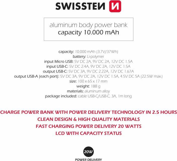 Actual product image Swissten Aluminium POWER BANK 10000 mAh 20W Power Delivery GREY (10000 mAh, 22.50 W, 22.50 Wh)