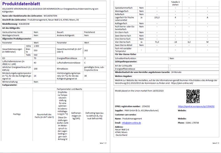 Nährwerte und Zutaten Wolkenstein Kühl-Gefrier-Kombination KGK280DW (262 l)