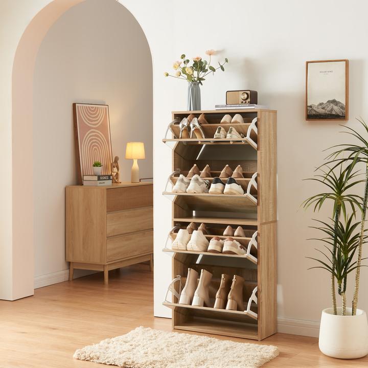 Actual product image En.Casa Schuhkipper Lund mit 4 verspiegelten Klappen Sonoma-Eichenoptik