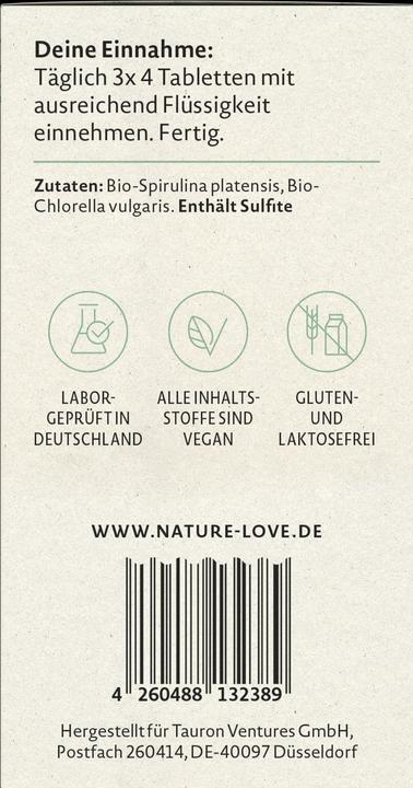 Valori nutrizionali e ingredienti Nature Love Spirulina biologica & Clorella (360 Pezzo/i, 180 g)