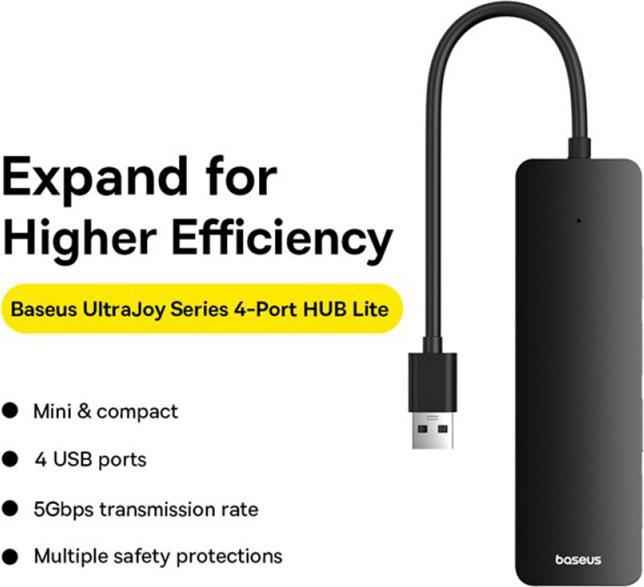 Actual product image Baseus 4in1 Hub UltraJoy Lite USB-A to USB 3.0 15 cm(black) (USB-A, 4 Ports)
