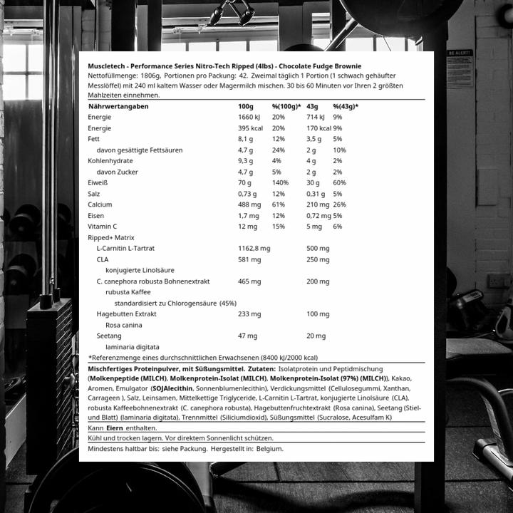 Nährwerte und Zutaten Muscle Tech Performance Series Nitro-Tech Ripped (Chocolate Fudge Brownie, 1 Stk., 2092 g)