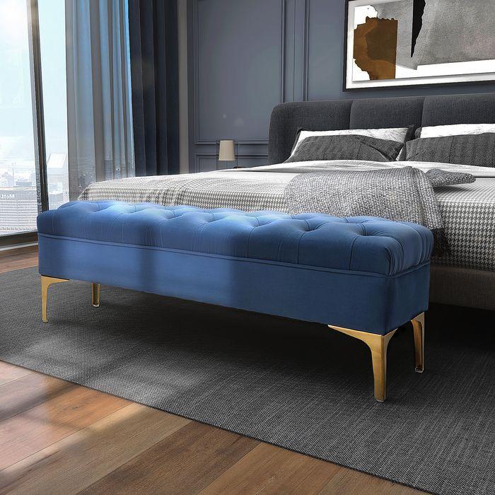 Produktbild Swisshandel24 Sitzbank, Bettbank, Schuhbank mit erhöhten Beine, Schlafzimmer, Samt Blau 118 x 45 x 42 cm (118 cm)