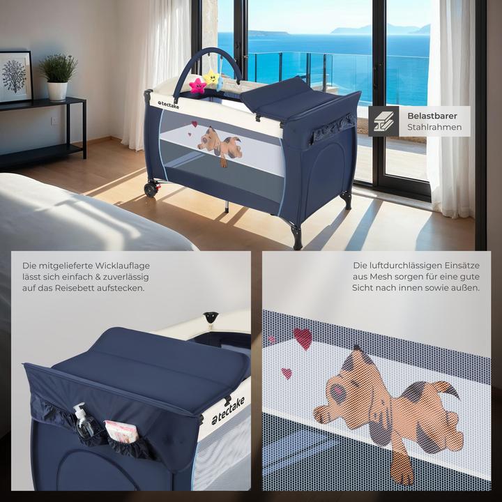 Produktbild tectake Kinderreisebett Hund mit Wickelauflage und Transporttasche