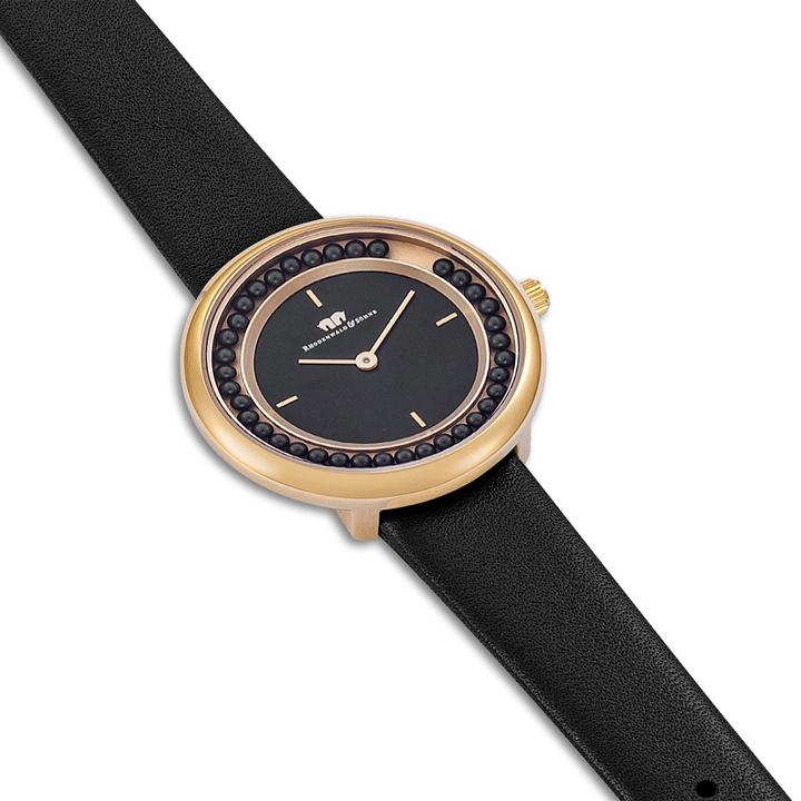Immagine prodotto Orologio da donna al quarzo con perle in vera pelle nera - 33876 (Orologio da polso analogico, 32 mm)