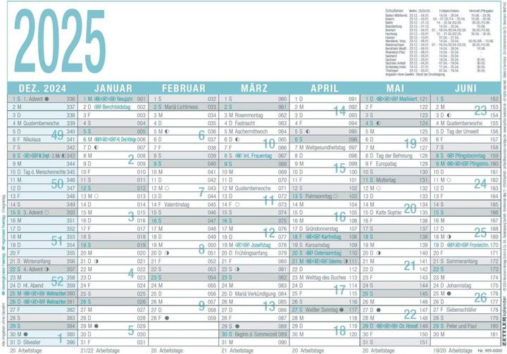 Immagine prodotto Calendario giorni lavorativi 2025 grigio/turchese, 29,7x21cm, calendario poster con 6 mesi su 1 (A4, Copertina rigida, Tedesco)
