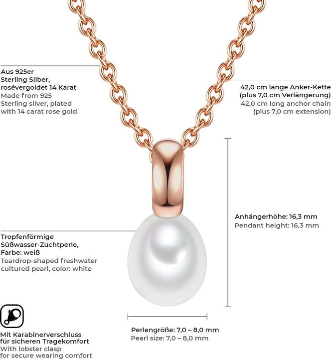 Produktbild Valero Pearls Damen Sterling Silber Süsswasser-Zuchtperle Rose Gold 42,0 cm Grundkette + 7,0 cm Verlängerung - (925er Silber, 42 - 49 cm)
