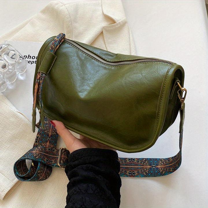 Only-Bags.Store Graphic Pattern Zipper Crossbody Bag, Stilvolle Umhängetasche mit breitem Riemen, Vintage Daily