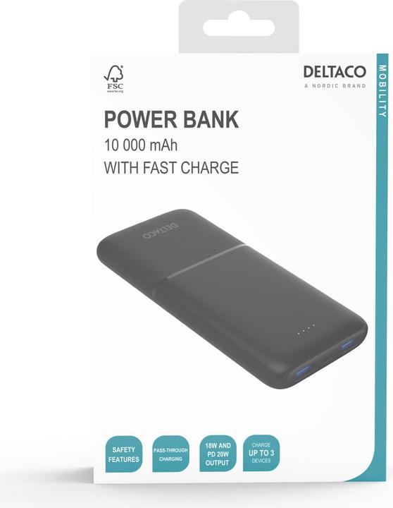 Deltaco Powerbank 10,000 mAh, 2x USB-A 18 W, 1x USB-C PD 20 W - Black (10000 mAh, 20 W, 37 Wh)