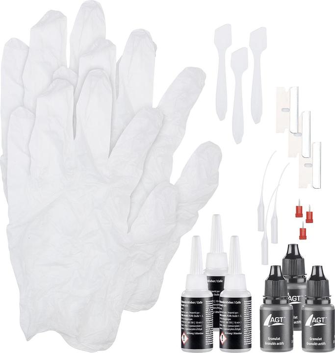 Produktbild AGT 3er-Reparatur-Set aus Sekundenkleber und schwarzem Granulat, je 10 ml