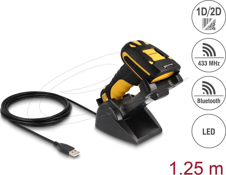 Produktbild Delock Industrie Barcode Scanner 1D und 2D für 433 MHz oder Bluetooth mit induktiver Ladestation (1D-Barcodes, 2D-Barcodes, QR-Code)