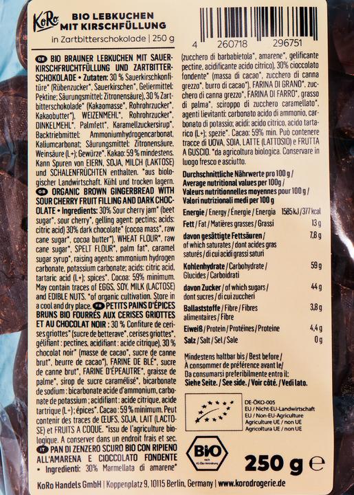 Produktbild KoRo Bio Brauner Lebkuchen mit Sauerkirschfruchtfüllung und Zartbitterschokolade (1 Stk., 250 g)