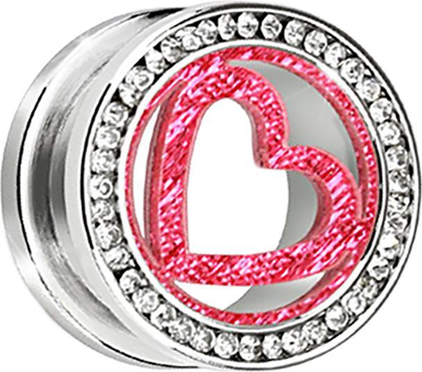 Star Piercing Flesh Tunnel silber mit Kristall silber und pinkem Herz (ohne Messing, Chirurgenstahl 316L)