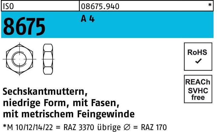 Image du produit Écrou hexagonal ISO 8675 avec chanfrein M 12 x 1,25 A 4 (M12)
