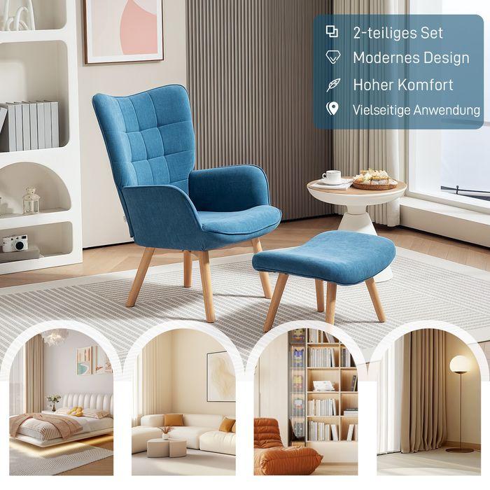 Produktbild Swisshandel24 Sessel mit Hocker, Ohrensessel mit Hoher Rückenlehne, Holzbeine, Cord, Blau
