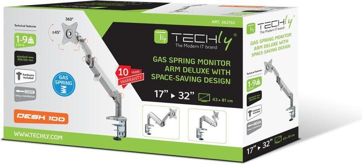 Produktbild Techly Schreibtischhalterung für 1 LCD TV LED 17-32Zoll 43-81cm Klemme Gasfeder weiss (Tisch, 32.01")