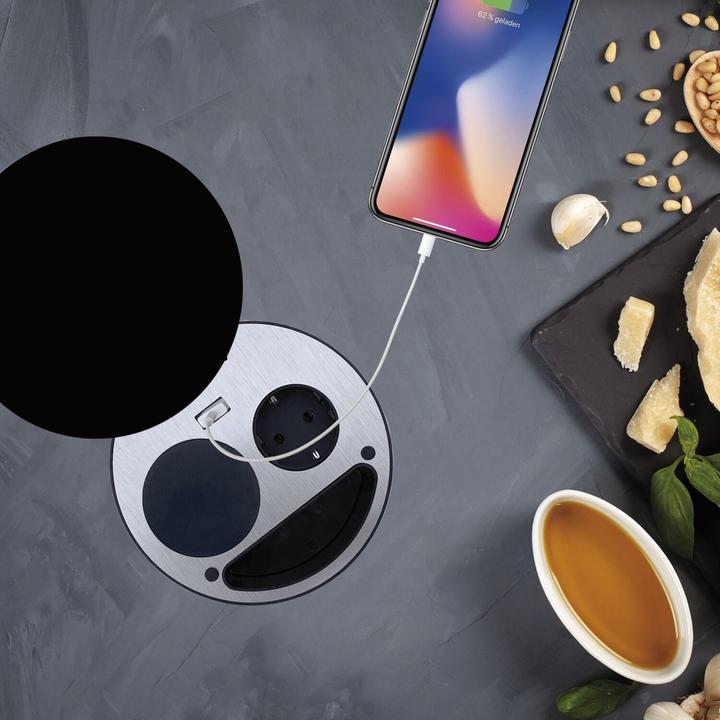 Produktbild Wipo Steckdosenelement Smile Schuko, USB und Wireless-Charger, schwarz (CEE 7/3, 1.80 m)