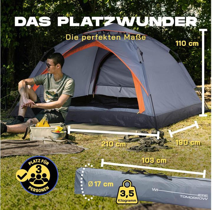 Produktbild Where Tomorrow Pop-Up-Zelt Drei Personen - Grau, Anzahl Personen: 3 (3.50 kg, 3 Personen)
