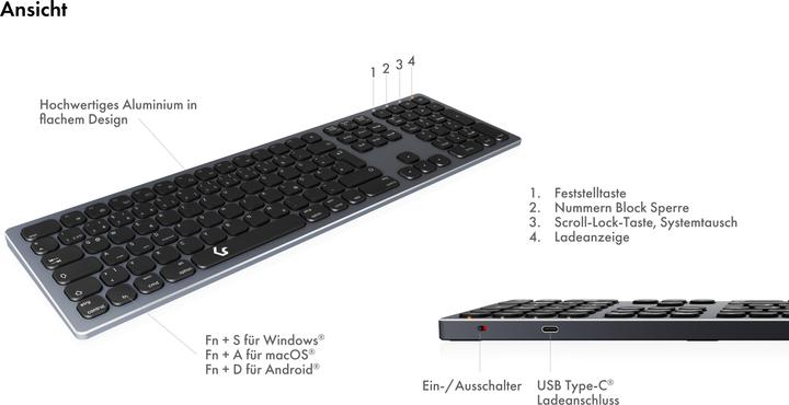 Image du produit KeySonic Clavier Full-Size en aluminium, Bluetooth® & RF, pour Win & macOS (DE, Sans fil)