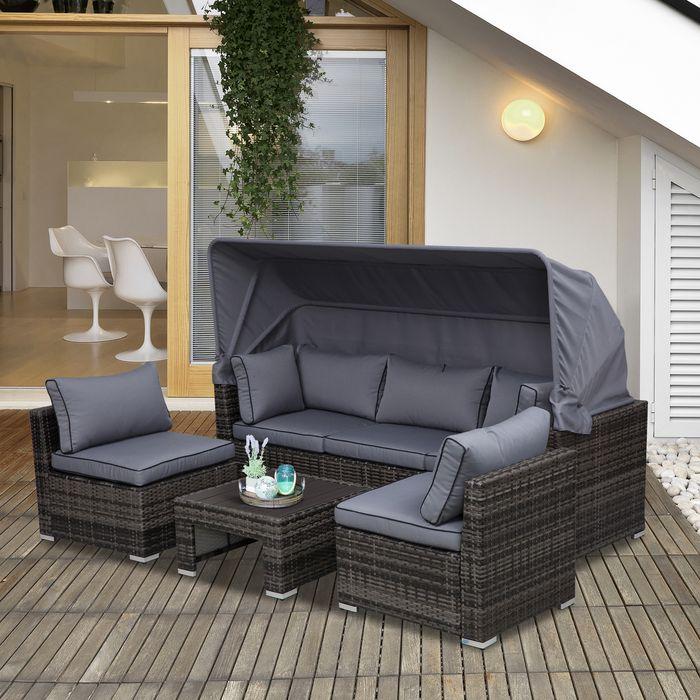 Produktbild Swisshandel24 Garten Lounge Set Rattan Lounge Set Sitzgruppe mit Sonnendach inkl. Kissen und Beistelltisch Metall