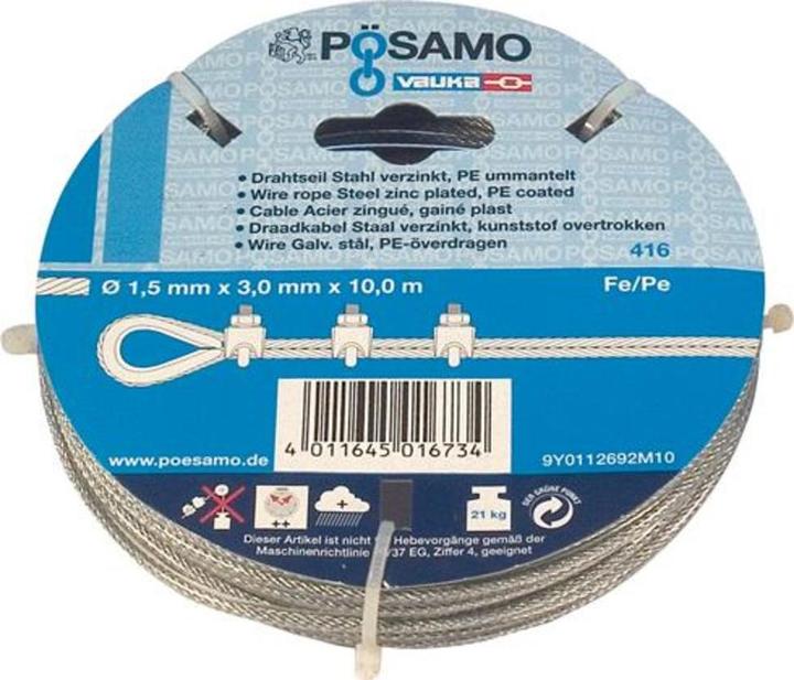 Pösamo Drahtseil Psamo 3 mm, 10 m Edelstahl rostfrei, in Ringen (10 m)