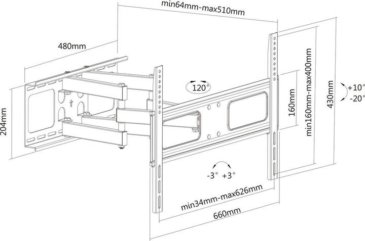 Image du produit Rs Pro Support mural solide et articulé pour téléviseur (Mur, 70", 50 kg)