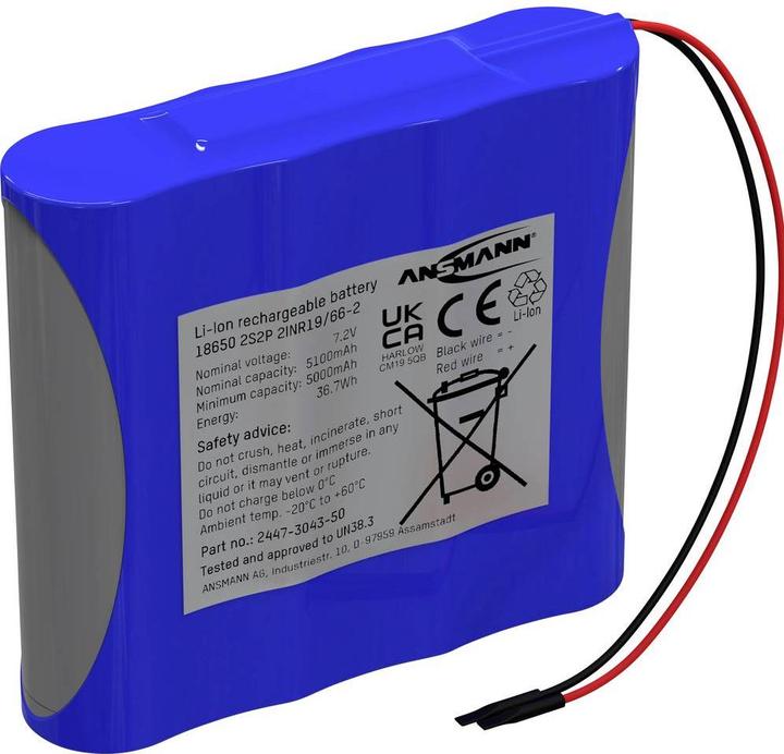 Ansmann 2S2P Akkupack 4x 18650 Kabel Li-Ion 7.2 V 5100 mAh (1 Stk., 18650, 5100 mAh)