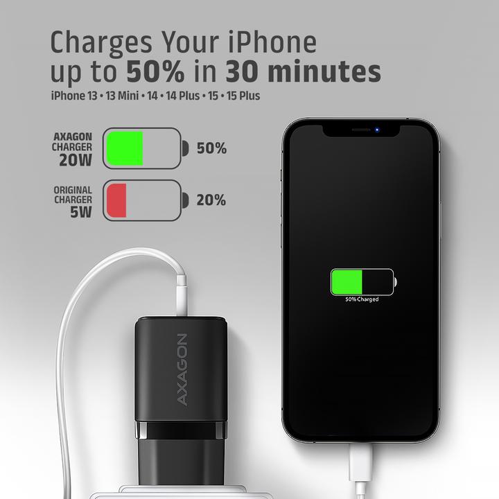 Image du produit Axagon ACU-PD20, chargeur pour prise murale 20W, 1x port USB-C, PD3.0/PPS/QC4+/AFC/Apple, noir (20 W)