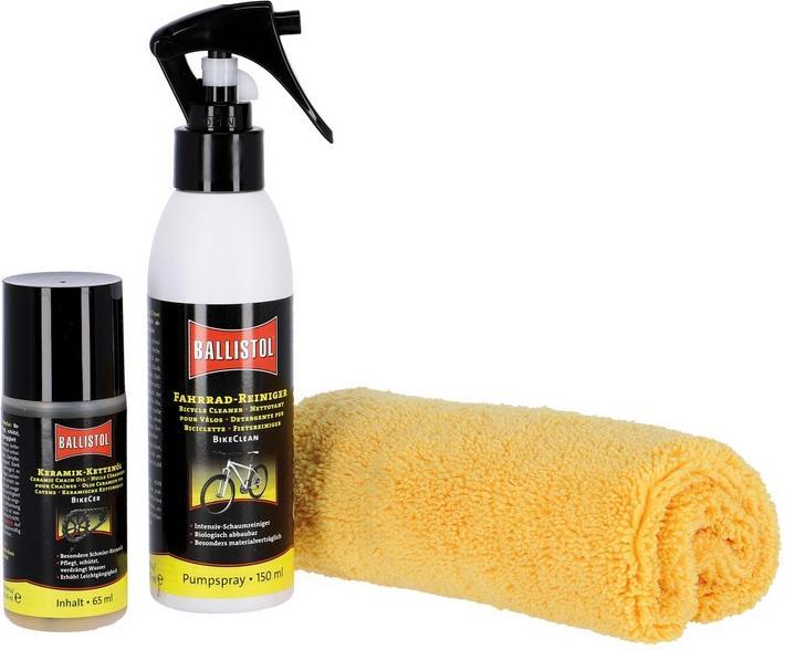 Produktbild Ballistol Fahrradpflege-Set, BikeCer 65 ml + BikeClean 150 ml + Mikrofasertuch, 30 x 30 cm (65 ml, Kettenöl)