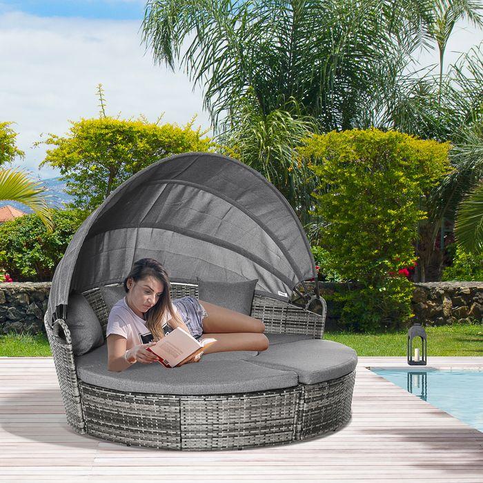 Actual product image Swisshandel24 Sun island rattan lounge group with sun canopy Seating group with cushions and side table