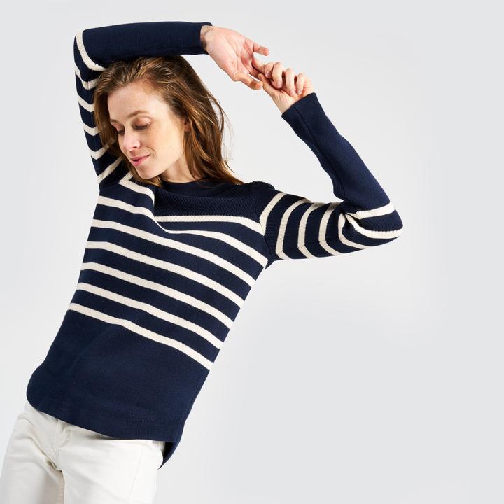 Actual product image Tribord Women's knitted sailing pullover, 100 navy blue with beige stripes (XS)