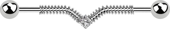Star Piercing Barbell silber mit zwei Kugeln Spiralfeder und quadratischem Kristall (Chirurgenstahl 316L)