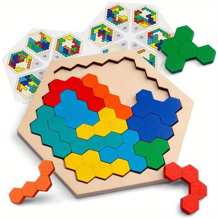 Produktbild Activity Board 3D Sechseckiges Holzpuzzle für Kinder - Gehirnförderndes Tangram-Spiel, IQ-Test-Spielzeug für